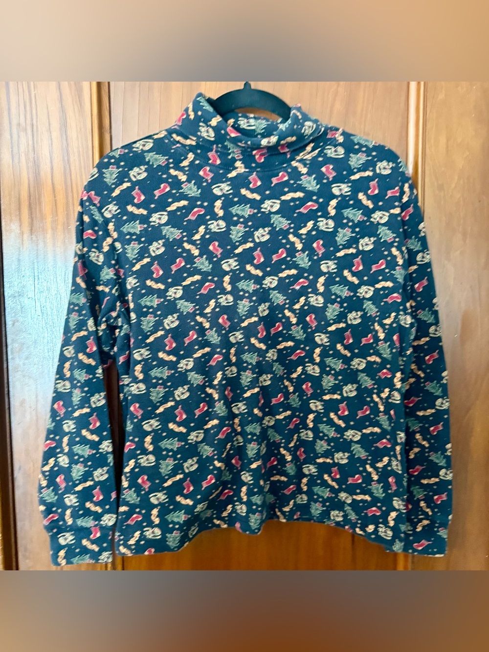 Vintage Karen Scott Cotton Navy Blue Christmas Pattern Knit Turtleneck Womens M